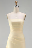 Light Yellow Satin Ruched Strapless Sheath Ruffled Long Formal Dress with Slit