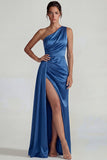 Dark Blue One Shoulder Satin Ruched Sheath Long Formal Dress with Slit