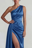 Dark Blue One Shoulder Satin Ruched Sheath Long Formal Dress with Slit