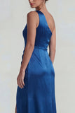 Dark Blue One Shoulder Satin Ruched Sheath Long Formal Dress with Slit