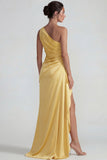 Yellow One Shoulder Ruffled Satin Ruched Sheath Long Formal Dress with Slit