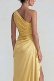 Yellow One Shoulder Ruffled Satin Ruched Sheath Long Formal Dress with Slit