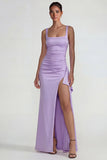 Lilac Square Neck Ruched Satin Sheath Long Formal Dress with Slit