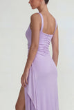 Lilac Square Neck Ruched Satin Sheath Long Formal Dress with Slit