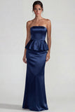 Navy Strapless Ruffled Satin Sheath Long Formal Dress