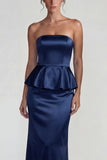 Navy Strapless Ruffled Satin Sheath Long Formal Dress
