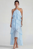 Blue Ruffled Chiffon Halter Tiered A Line Long Wedding Guest Dress