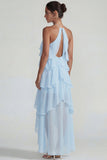 Blue Ruffled Chiffon Halter Tiered A Line Long Wedding Guest Dress