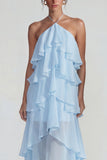 Blue Ruffled Chiffon Halter Tiered A Line Long Wedding Guest Dress