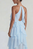 Blue Ruffled Chiffon Halter Tiered A Line Long Wedding Guest Dress