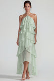 Blue Ruffled Chiffon Halter Tiered A Line Long Wedding Guest Dress