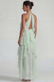 Blue Ruffled Chiffon Halter Tiered A Line Long Wedding Guest Dress