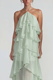 Blue Ruffled Chiffon Halter Tiered A Line Long Wedding Guest Dress