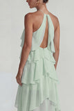 Blue Ruffled Chiffon Halter Tiered A Line Long Wedding Guest Dress