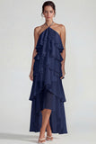 Blue Ruffled Chiffon Halter Tiered A Line Long Wedding Guest Dress