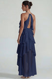 Blue Ruffled Chiffon Halter Tiered A Line Long Wedding Guest Dress