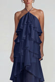 Blue Ruffled Chiffon Halter Tiered A Line Long Wedding Guest Dress