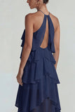 Blue Ruffled Chiffon Halter Tiered A Line Long Wedding Guest Dress