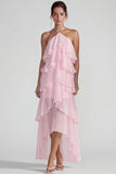 Blue Ruffled Chiffon Halter Tiered A Line Long Wedding Guest Dress