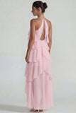 Blue Ruffled Chiffon Halter Tiered A Line Long Wedding Guest Dress