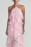 Blue Ruffled Chiffon Halter Tiered A Line Long Wedding Guest Dress