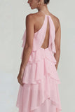Blue Ruffled Chiffon Halter Tiered A Line Long Wedding Guest Dress