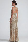 Sparkly Golden Halter Sequins Sheath Long Formal Dress