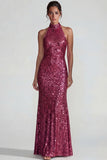 Sparkly Golden Halter Sequins Sheath Long Formal Dress