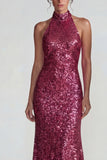 Sparkly Golden Halter Sequins Sheath Long Formal Dress