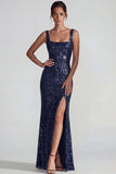 Sparkly Dark Purple Square Neck Sequins Sheath Long Formal Dress with Slit