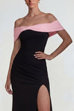 Black Pink Off the Shoulder Sheath Long Formal Dress with Slit