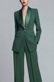 Dark Green Shawl Lapel 2 Piece Women's Work Suits with Pockets