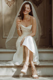 White Spaghetti Straps Satin Mermaid Long Wedding Dress