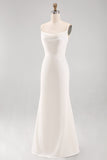 White Spaghetti Straps Satin Mermaid Long Wedding Dress