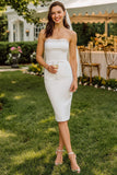 White Lace Strapless Midi Bodycon Wedding Dress with Back Zipper