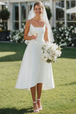 White Spaghetti Straps Midi A Line Wedding Dress