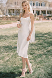 Simple White Spaghetti Straps Sheath Midi Wedding Dress
