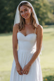 White Spaghetti Straps Lace A Line Midi Wedding Dress