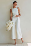 ZAPAKA Women White Boat Neck Wedding Suits Satin A Line Long Engagement Dress with Back Zipper