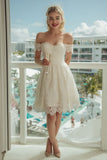 Ivory Off the Shoulder Lace A Line Midi Wedding Dress