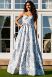 Light Blue Strapless A-Line Satin Print Floral Long Prom Dress