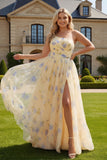 Yellow One Shoulder A-Line Floral Long Prom Dress with Slit