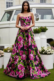 Black Fuchsia Flower A-Line Strapless Satin Long Prom Dress