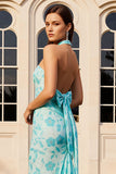 Green Mermaid Halter Printed Long Prom Dress with Bow