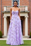 Lilac Floral A-Line Spaghetti Straps Long Prom Dress with 3D Flowers