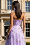 Lilac Floral A-Line Spaghetti Straps Long Prom Dress with 3D Flowers