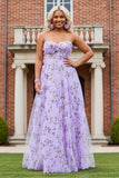 Lilac Floral A-Line Spaghetti Straps Long Prom Dress with 3D Flowers