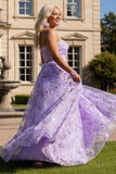 Lilac Floral A-Line Spaghetti Straps Long Prom Dress with 3D Flowers