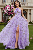 Lilac A-Line Halter Cut Out 3D Flower Long Prom Dress with Slit