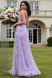 Lilac A-Line Halter Cut Out 3D Flower Long Prom Dress with Slit